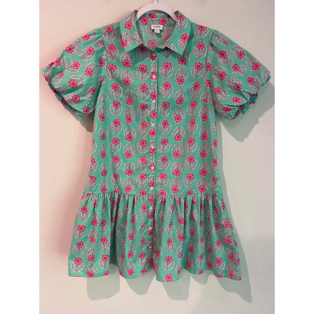 J.Crew Floral Block Print Puff Sleeve Button Down Mini Dress Spearmint Pink 6